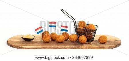 Dutch Traditional Snack Bitterbal On A Serving Board, Isolated