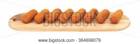 Brown Crusty Dutch Kroketten On A Serving Tray, Isolated On A White Background