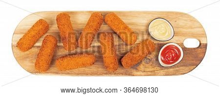 Brown Crusty Dutch Kroketten On A Serving Tray, Isolated On A White Background