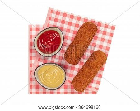 Brown Crusty Dutch Kroketten On A Red Napkin Isolated On A White Background