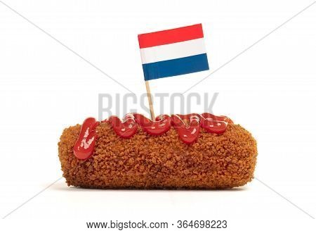 Brown Crusty Dutch Kroket With Ketchup Topping Isolated On A White Background