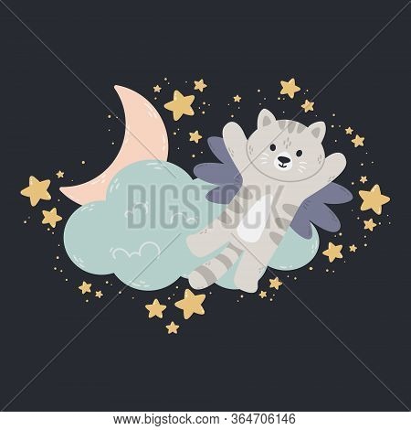 Cat With Wings Flies Past The Cloud, The Moon, And Stars. Dark Background. Vector Print For Baby Roo