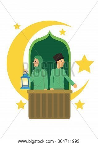 Cartoon Muslim Couple With Crescent Moon, Stars And In A White Background. Ramadan Fasting Or Hari R
