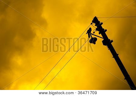 Dramatisk baggrund med gul himmel og silhuet af en fugl sidder på en lygtepæl. Plads til tekst.