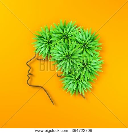 Creative Profile Picture Of A Woman With Hair From Lily Leaves. Offbeat Female Hairstyle. Bright Ora