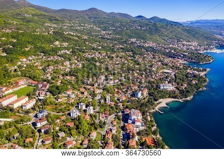 Croatia, Beautiful Adriatic, Lovran And Opatija Riviera, Aerial Panoramic View In Kvarner Bay Coastl