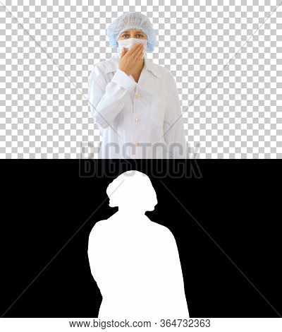 Doctor Woman Feeling Ill With A Sore Throat And Flu Symptoms, Coughing With Mouth Covered, Alpha Cha