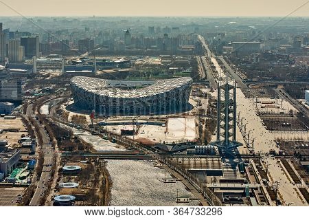 Beijing / China - February 20th 2016: Areal View Of The Birds Nest And Downtown Beijing From The Oly