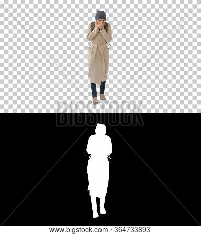 Woman In A Coat Walking And Coughing, Alpha Channel