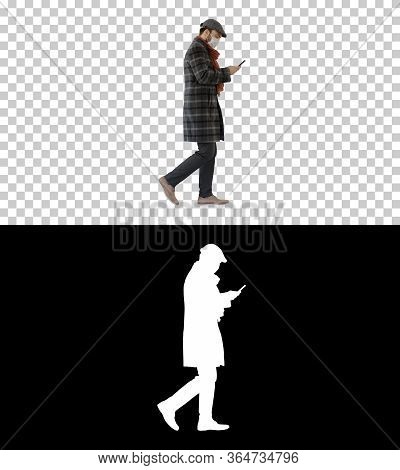Man In Medical Mask Walking And Using Mobile Phone, Alpha Channel