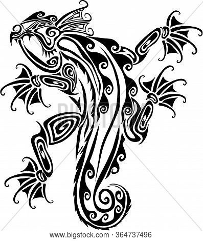 Vector Hand Drawn Monochrome Lizard Or Salamander With Ethnic Tribal Patterns. Beautiful Reptile Dec