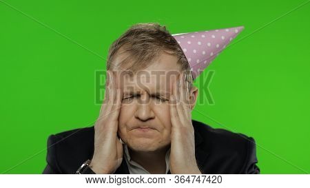 Portrait Of Drunk Young Clerk Man With A Hangover Having Headache. Emotions. Disheveled Guy Business