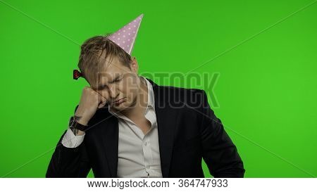 Portrait Of Drunk Sleepy Young Clerk Man With A Hangover Falling Asleep. Emotions. Disheveled Guy Bu