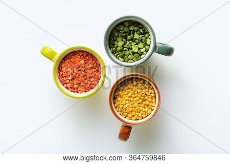 Lentils Of Different Types And Colors In Portioned Cups. Vegan Proteins.
