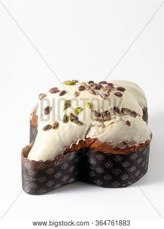 Easter Festive Sweet Italian Bread Colomba With Pistachio Cream Isolated On White