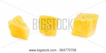Fresh Sliced Pineapple Isolated On White Background. Pineapple Chunks Close Up.