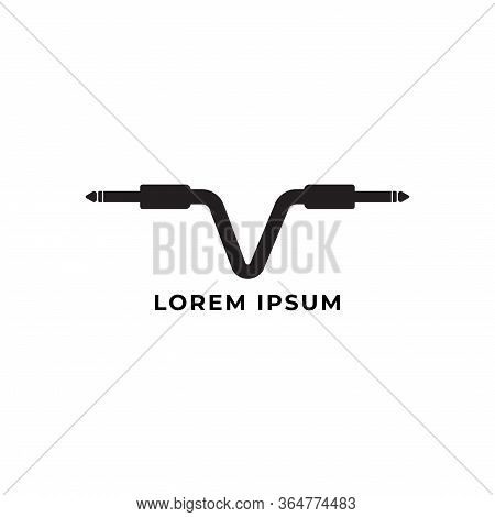 Cable Jack Logo Concept Forming Letter V Alphabet With Ellipse Shape Behind. Audio Logo Design Templ