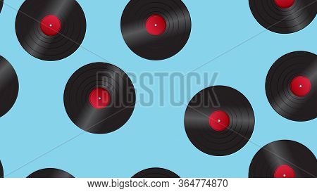 Seamless Pattern Of Retro Old Hipster Musical Audio Vinyl Records From The 70s, 80s, 90s, 2000s On A