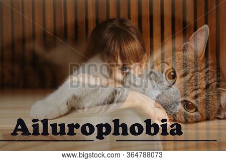 Little Girl Suffering From Ailurophobia Indoors. Irrational Fear Of Cats