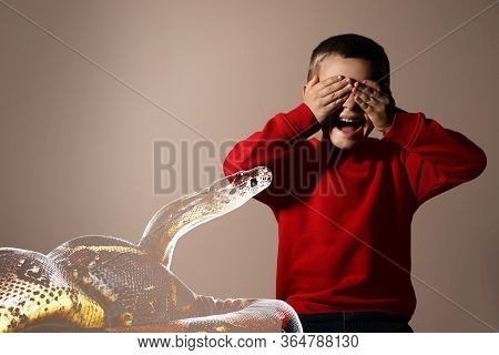 Double Exposure Of Scared Little Boy Suffering From Herpetophobia On Beige Background. Fear Or Avers