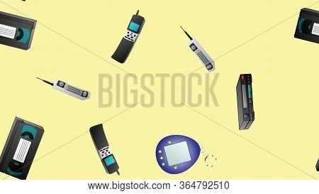 Seamless Pattern Of Retro Old Hipster Electronic Devices Technology Computers Cassettes Tape Recorde