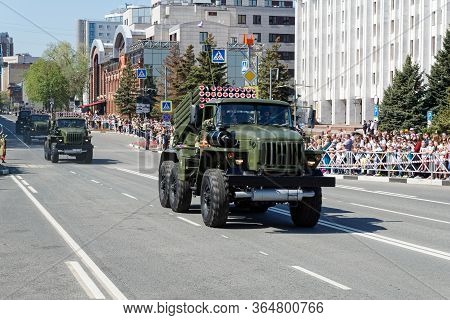 Samara, Russia - May 9, 2019: Multiple Launch Rocket System Bm-21 