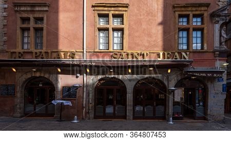 Lyon, France--november 6, 2017--a Wide Angle Shot Of The Outside Of A Traditional Lyonnaise Bouchon 