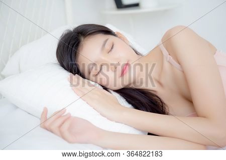 Beautiful Asian Young Woman In Underwear Sleep Lying On Bed With Comfort And Happy Leisure At Bedroo