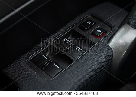 Novosibirsk/ Russia - May 02 2020: Honda Cr-v, Interior Of Modern Car. Side Door Buttons: Window, Mi