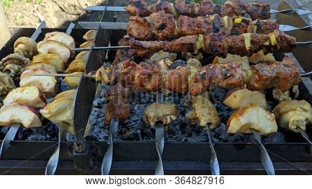 Grilled Meat On Coals, Juicy Tasty Grill On Skewers. Shish Kebab On Skewers Over Charcoal Brazier Ou