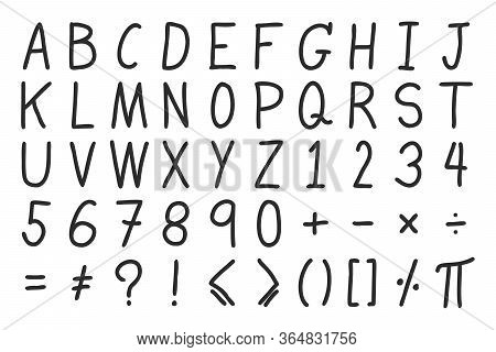 Black Color Hand Drawing Of Alphabet, Number Letter And Mathemetics Symbol On White Background