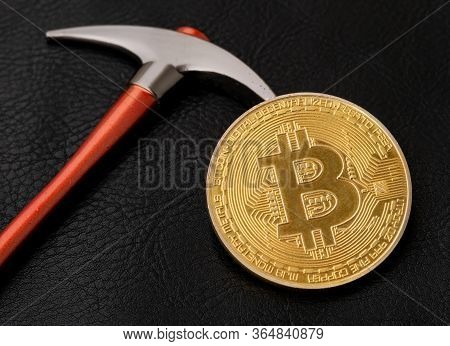 Bitcoin And Pickaxe, Gold Crypto Coin, Blockhain And Mining