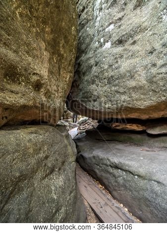 Unique sandy rock formation within the Errant Rocks of the Table Mountain National Park, Poland
