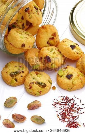 Pistha-saffron Cookies,pistha-saffron Cookies In Glass Jar On Isolated White Background