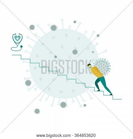 Concept Of Gradual Healing Of Novel Coronavirus 2019-ncov. Man In Mask Carries Virus Up Stairs To Ge