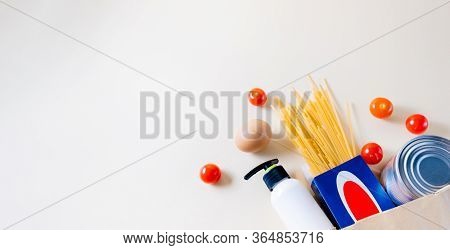 Food Supplies And Quarantine Delivery On Abstract Background. Selfisolation Concept. Canned Food, Pa