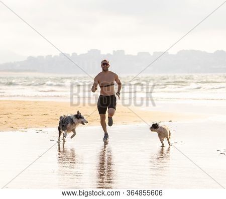 Fitness Man Running And Training With His Dog On The Beach