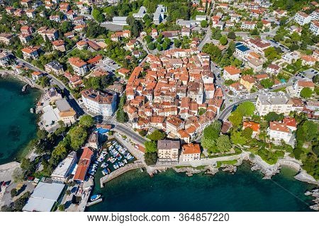 Croatia, Adriatic Coast, Beautiful Old Town Of Lovran, Historic Center And Coastline Aerial Overhead