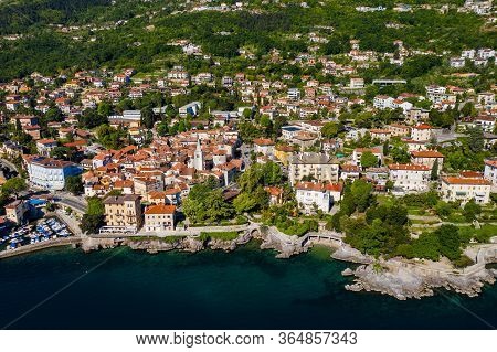 Croatia, Adriatic Coast, Beautiful Old Town Of Lovran, Historic Center And Coastline Aerial Overhead