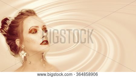 Face Model In A Foundation Texture. Girl With Bright Makeup. Face Cream.