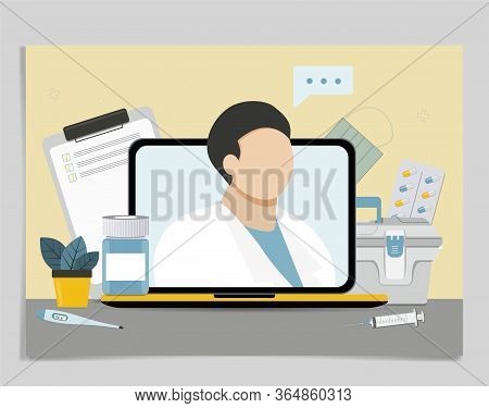 Online Doctor Concept. Expert Advice Via Your Computer. Flat Vector Illustration.