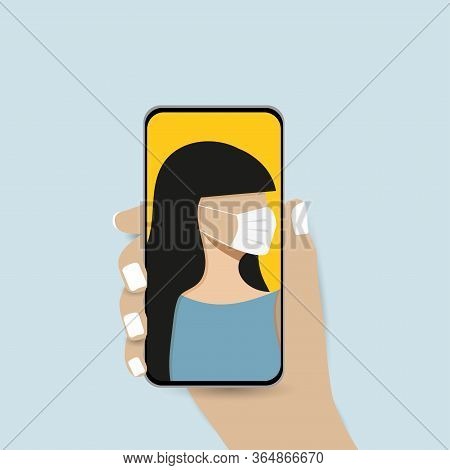 A Young Women Wears Medical Mask Takes A Selfie And Holds Smartphone In His Hand. Corona-virus. Epid