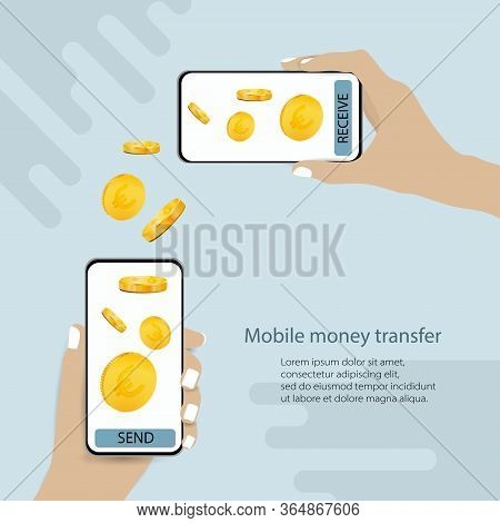 Hands Holding Smart Phones. Banking Payment Apps. People Sending And Receiving Money Wireless With M