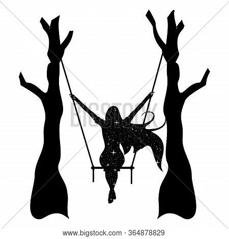 Silhouette Of A Girl Riding On A Swing. Starry Sky. Space. Woman Night. Black Tattoo. New Minimalism