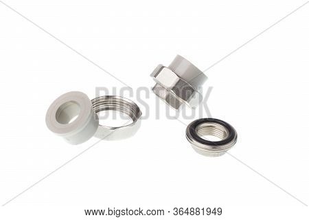 Disassembled Plastic Ppr Straight Metal Thread Coupling For Water Pipes, Isolated On White Backgroun