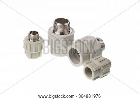 Set Of Different Plastic Ppr Straight Metal Male Thread Fitting For Water Pipes, Isolated On White B