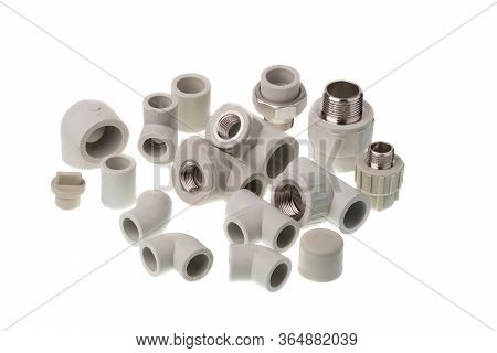 Set Of Different Shape Plastic Ppr Fittings For Water Pipes, Isolated On White Background