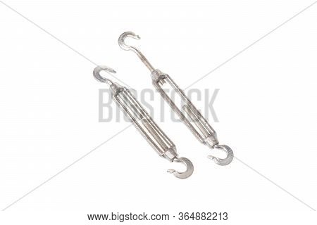 Set Of Steel Hook Turnbuckles In Open And Closed Position, Isolated On White Background