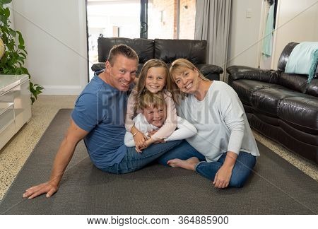 Covid-19 Pandemic - Lockdown. Stay At Home, Save Lives. Caucasian Family Together In Isolation Havin
