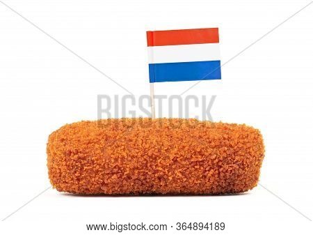 Brown Crusty Dutch Kroket With Dutch Flag, Isolated On A White Background